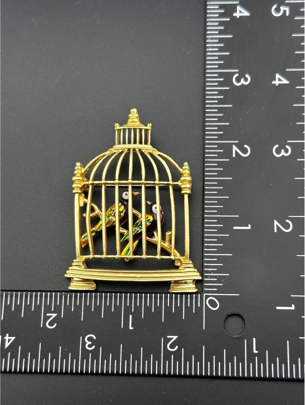 Bird Cage Brooch with Enamel Birds